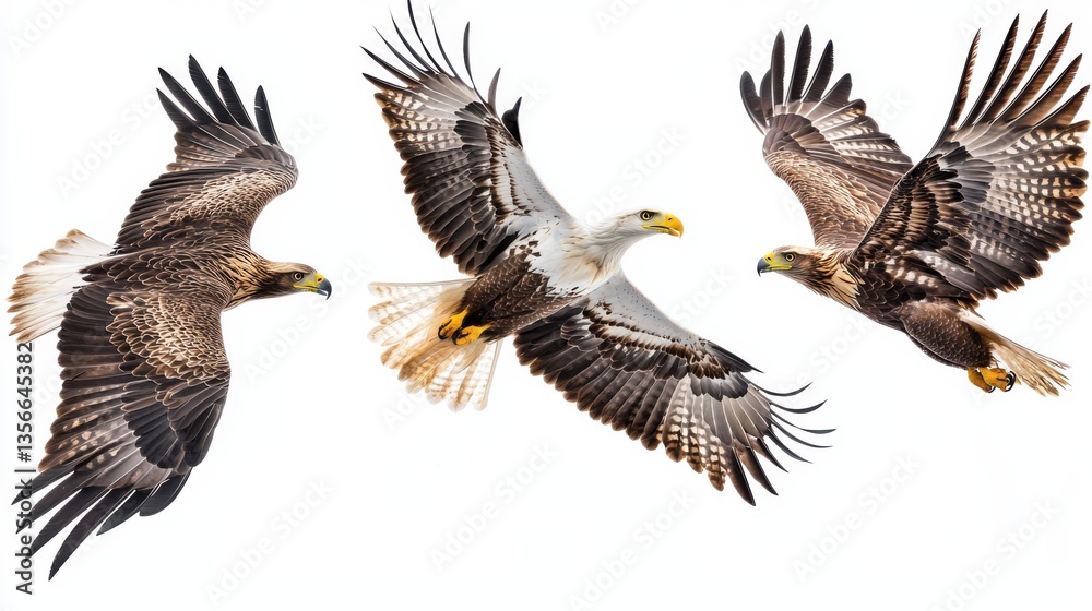 Obraz premium Birds of prey White tailed eagle haliaeetus albicilla isolated on white background flying juvenile bird mix four birds