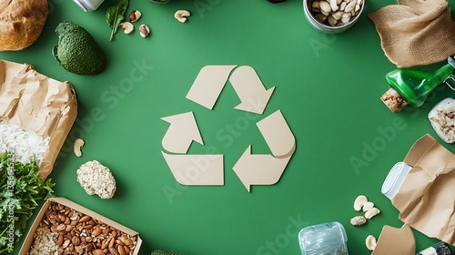 Eco-Friendly Food Waste Recycling, Assorted Sustainable Goods, Green Background photo