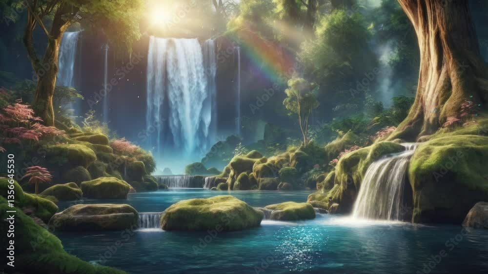 Fantasy waterfall with the magical nature forest, 4k 2d loop animation background