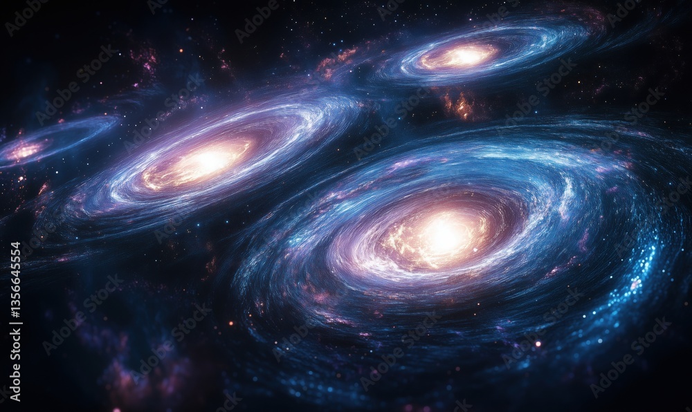 Obraz premium Stunning view of three spiral galaxies in deep space with vibrant cosmic colors