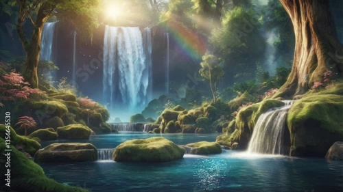 Fantasy waterfall with the magical nature forest, 4k 2d loop animation background