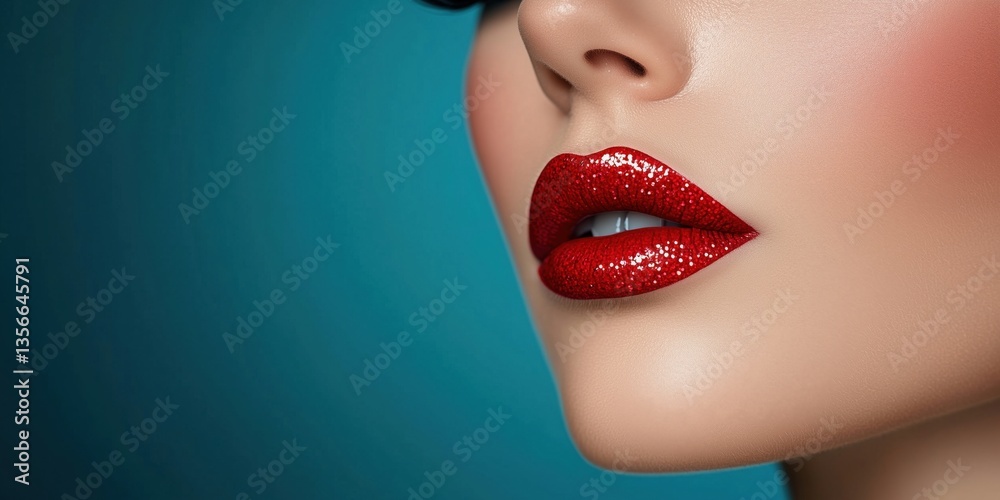 Obraz premium Glamorous close-up of model's lips with sparkling red lipstick against blue background