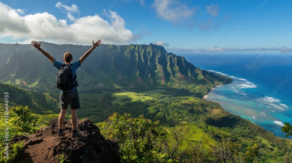 A man standing on a mountaintop, arms raised, exhilarated after a hike. A man standing on a mountaintop, arms raised, exhilarated after a hike.