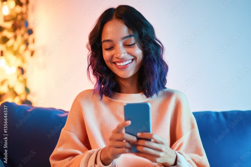 Multiethnic woman smiling while messaging on smartphone at home