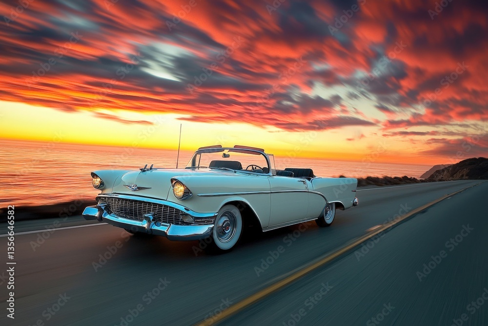 Fototapeta premium A vintage convertible car drives along a scenic coastal road as the sun sets, painting the sky with vibrant oranges and purples. Waves crash on the shore nearby, completing the picturesque view.