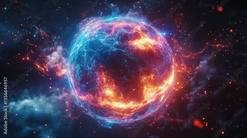 Fototapeta premium Vibrant cosmic sphere with fiery and electric energy in deep space