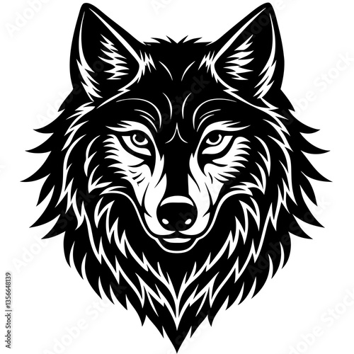 Wolf Illustration: A striking black and white illustration of a majestic wolf's head, showcasing detailed features and intense eyes. This bold design captures the essence of strength and wild beauty.