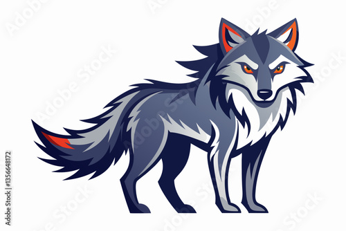 Cartoon Wolf on White: A vector illustration of a cartoon wolf standing alert with piercing eyes and a bushy tail, isolated on a white background.