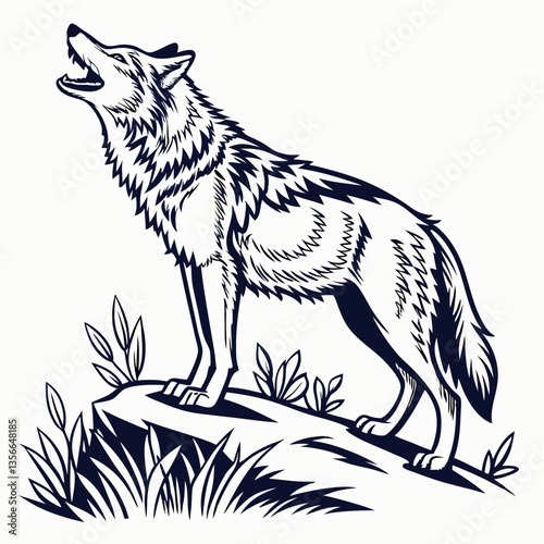 The Lone Howl: A solitary wolf, captured in monochromatic tones, stands atop a rocky outcrop and utters a powerful howl, representing the wild call.