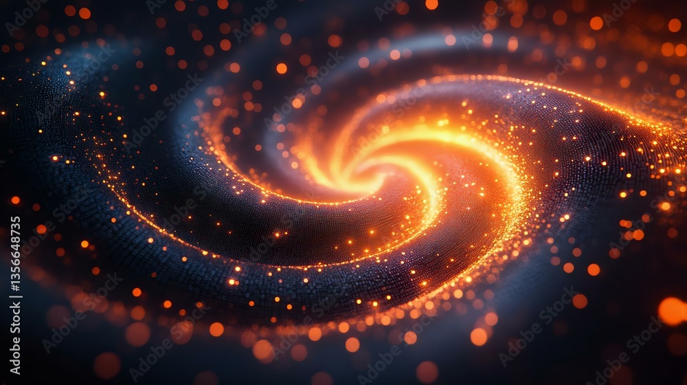 Obraz premium A vibrant swirl of glowing particles forming a cosmic spiral, combining deep blues and fiery oranges, ideal for sci-fi and digital art projects.