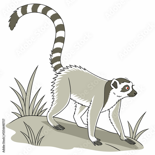 Ring-tailed Lemur Illustration: A charming illustration of a ring-tailed lemur, showcasing its distinctive black and white striped tail and inquisitive gaze.