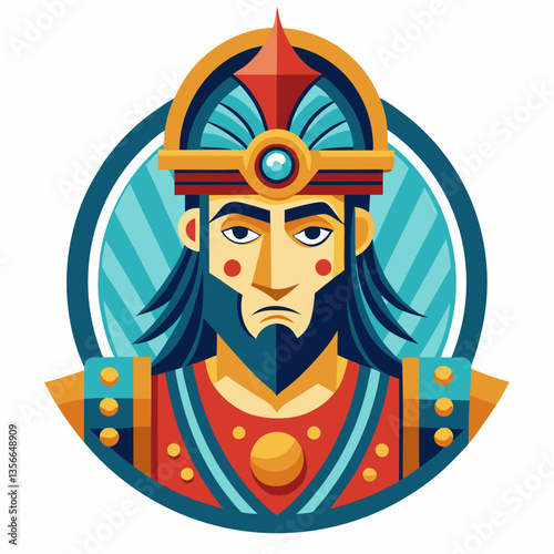 Regal Monarch Portrait: A stylized illustration of a king exudes authority, adorned in elaborate attire with a serious expression within a circular design.