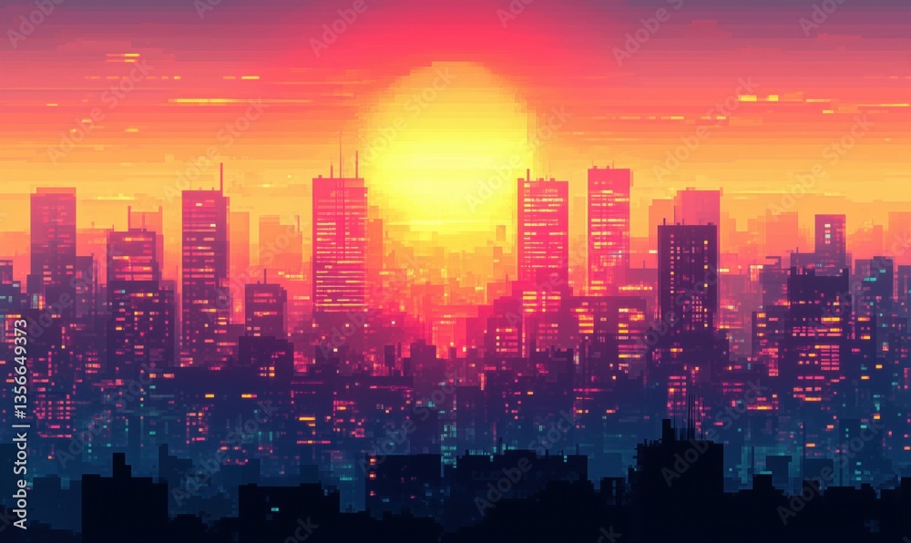 Fototapeta premium vibrant pixel art cityscape at sunset with colorful skyline and glowing buildings