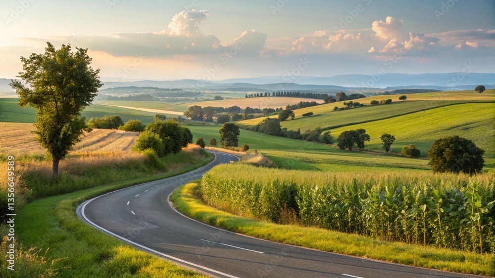 Naklejka premium idyllic-view-of-winding-road-amongst-agricultural-