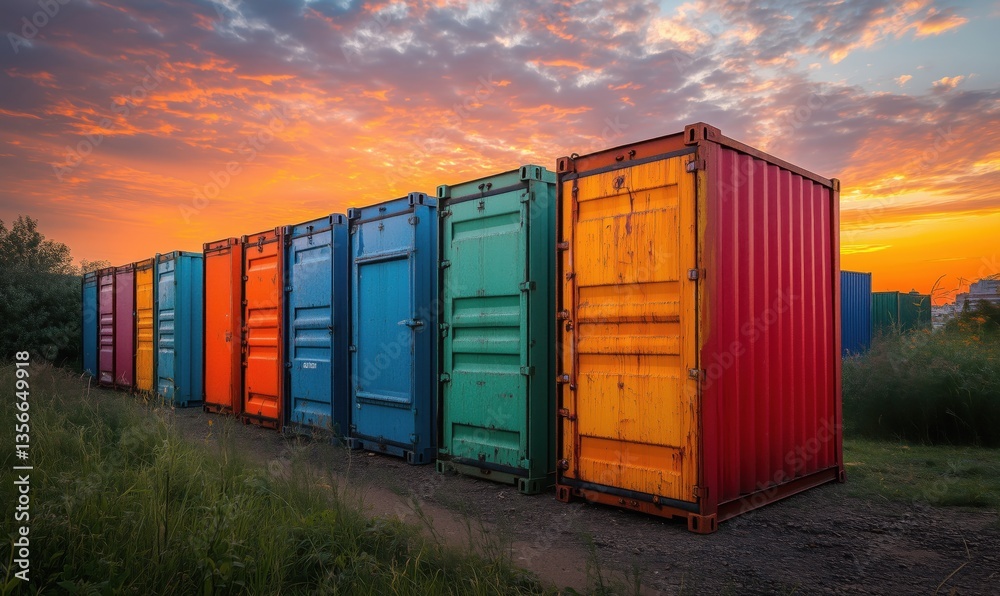 Fototapeta premium Colorful shipping containers lined up against a vibrant sunset sky