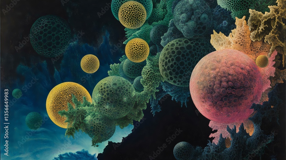 Obraz premium A vibrant abstract depiction of colorful cellular structures against a dark cosmic background, evoking a sense of otherworldly beauty and mystery.