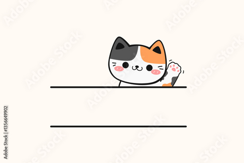 Cute Hand Drawn Cartoon Calico Cat Waving Hello Name Frame
