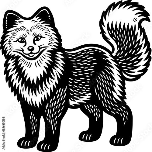 Arctic Fox Illustration: A charming illustration of an Arctic fox, rendered in black and white, showcases the animal's thick fur and bushy tail.  The fox stands proudly.