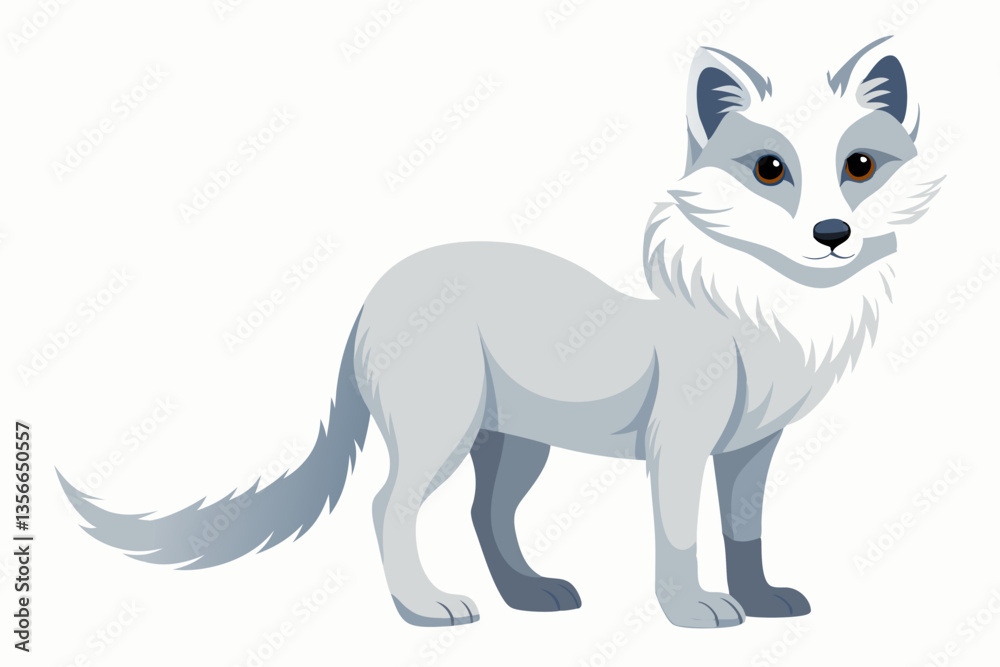 Fototapeta premium Arctic Fox in Winter: A regal Arctic fox, with its pristine white fur, stands poised against a subtle backdrop, its gaze a captivating blend of curiosity and resilience in the stark winter landscape.