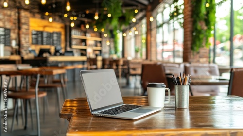 Wallpaper Mural Cozy Café Workspace with Laptop, Coffee, and Creative Supplies Torontodigital.ca