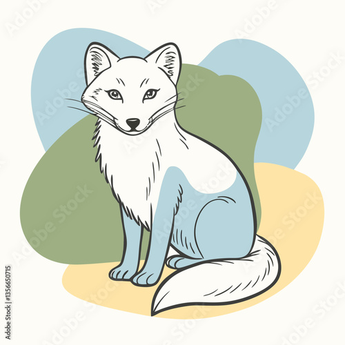 Arctic Fox Illustration: A charming illustration of an Arctic fox, its white fur highlighted with light blue accents, sitting serenely against a soft background of earthy tones.