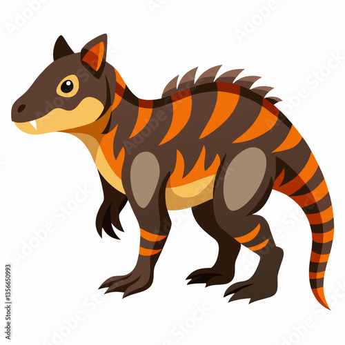 Ancient Predator's Profile: A vibrant illustration of a prehistoric creature. Witness the vivid detail of its striking striped pattern, sharp teeth, and fierce, determined expression.