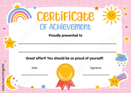 Certificate of achievement for kids in competition. Diploma template, certificate of appreciation. Modern colorful template for school, preschool, playschool, kindergarten, primary grades, summer camp