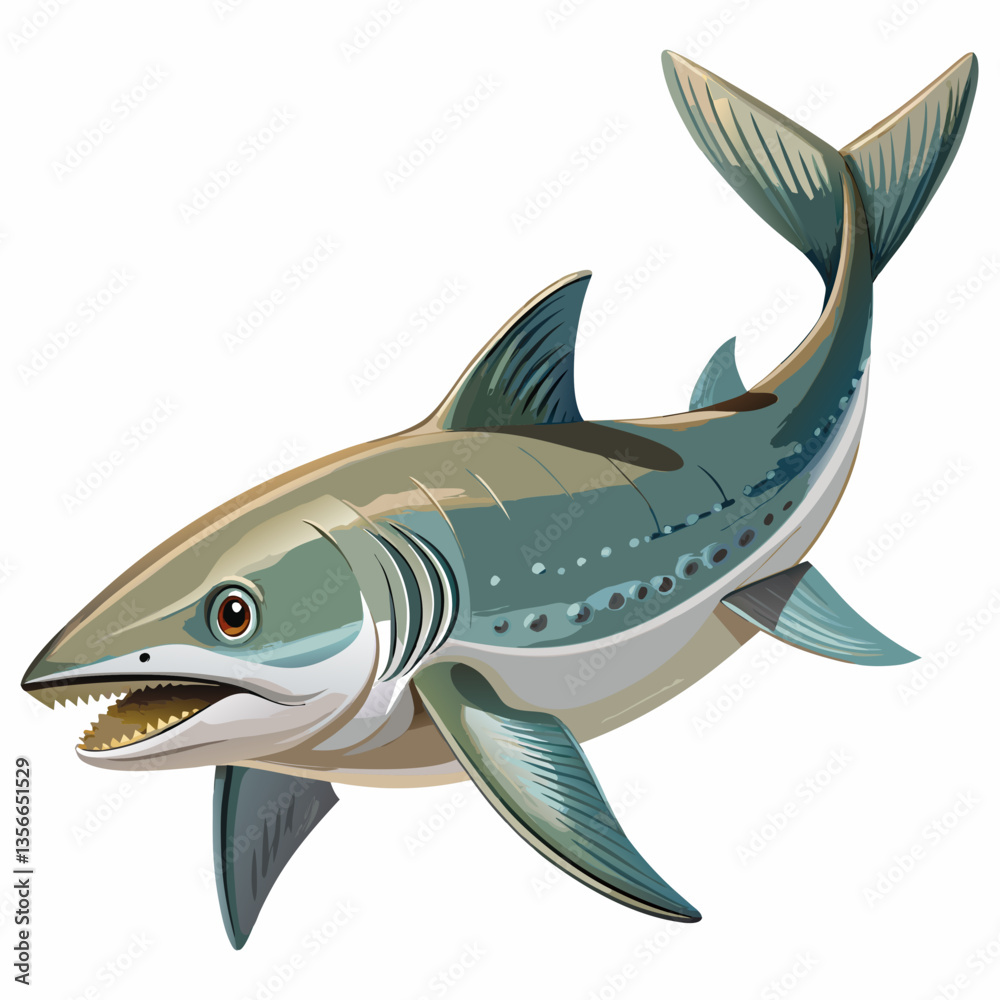 Obraz premium Great White Shark Illustration: A majestic great white shark with a menacing open jaw, sharp teeth, and powerful fins, depicted in a detailed and vibrant illustration against a white background.