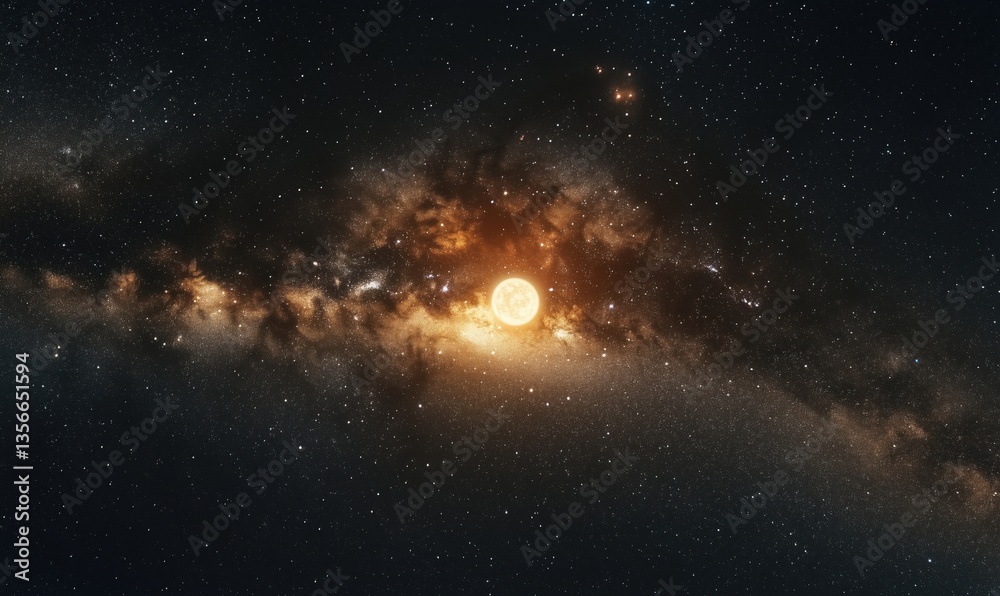 Fototapeta premium Stunning cosmic scene featuring bright moon amidst swirling galaxy and stars