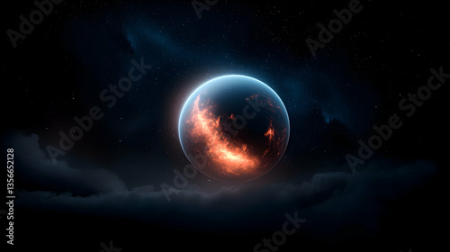 Fiery Planet Amidst Dark Nebula and Stars