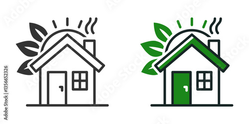 Vector icon of eco house with sun and green leaves.