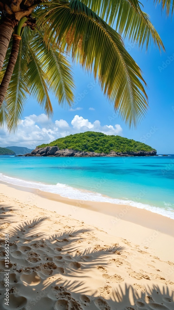 Fototapeta premium Sandy tropical beach with island on background