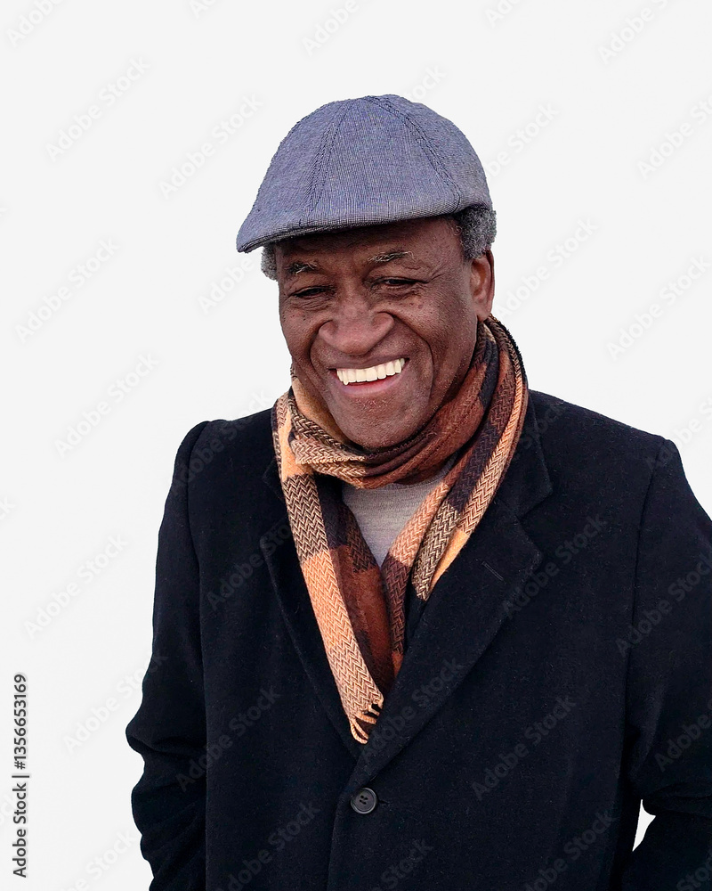 Portrait of a cheerful senior man wearing a newsboy cap and a scarf, enjoying the winter season