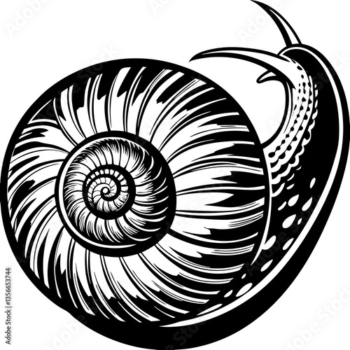 Snail's shell spiral in line art style: An artistic line drawing of a snail, showcasing its iconic spiral shell design, a testament to nature's artistry.