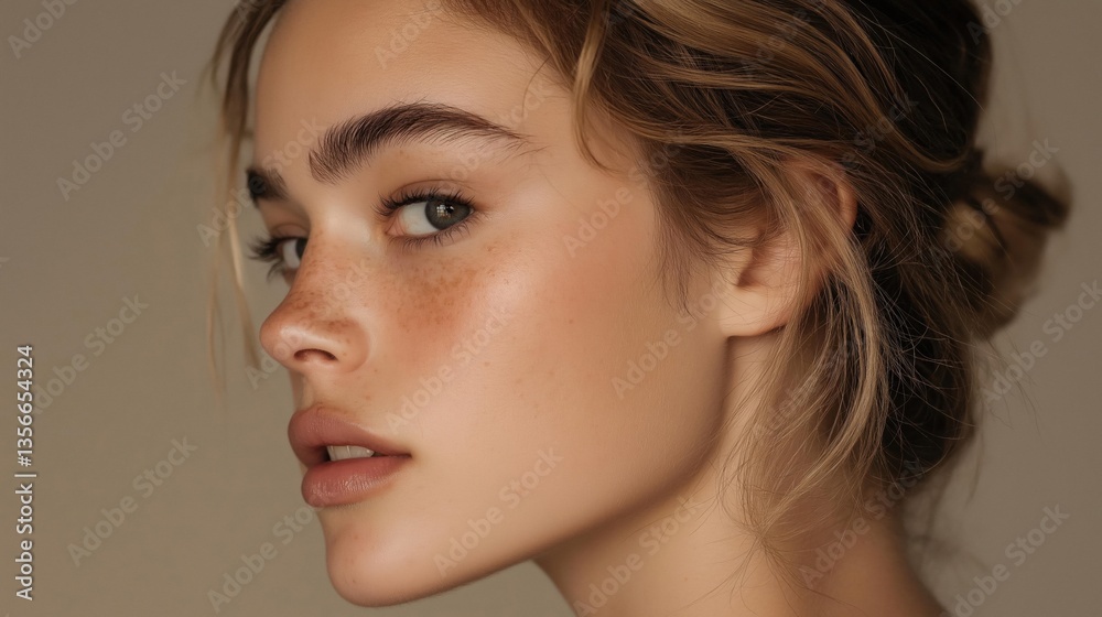 Fototapeta premium Close-up portrait of a young woman's face. she has blonde hair that is styled in a messy bun on top of her head. her eyes are blue and her eyebrows are perfectly groomed.