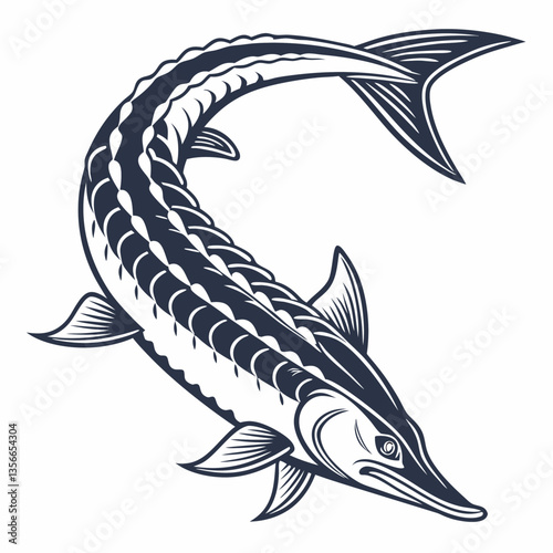 Majestic Sturgeon: An artistic rendering showcases a detailed sturgeon, emphasizing the texture of the skin and fins, against an uncluttered backdrop. A great illustration of marine life