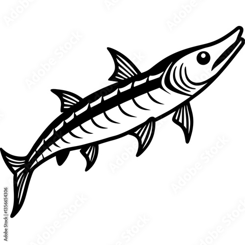 Barracuda Illustration: A captivating illustration of a barracuda, meticulously drawn to showcase its sleek form and predatory presence. Ideal for various design uses.