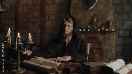 Medieval monk writing historic manuscripts at table