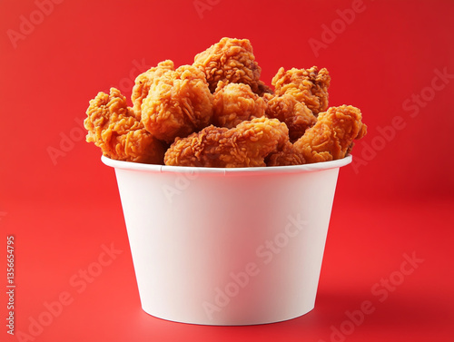A white paper bucket filled with fried chicken on a red background.