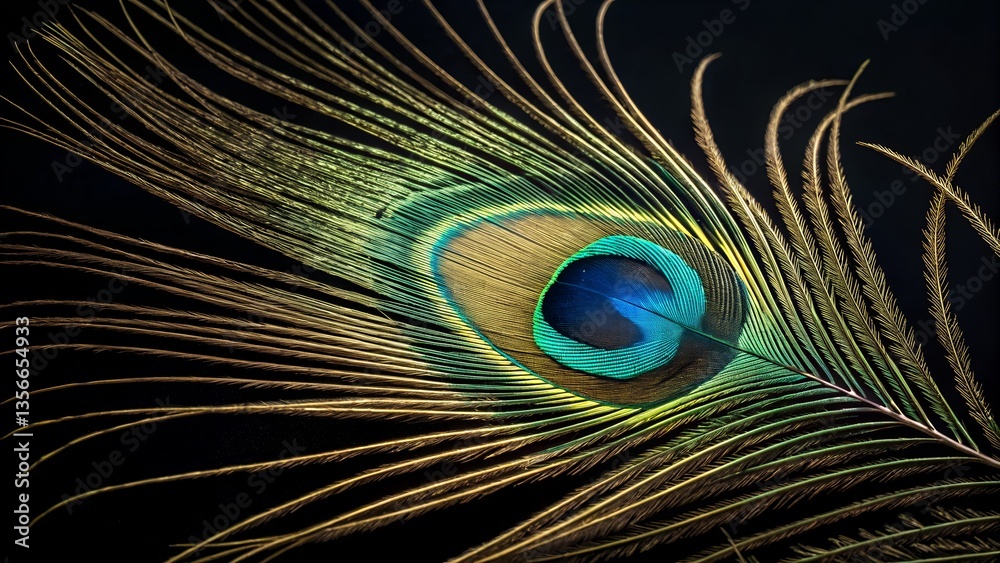 Obraz premium Peacock Feather: A vibrant and detailed macro shot showcases the mesmerizing beauty of a peacock feather, with its intricate patterns and iridescent colors displayed against a dark backdrop.