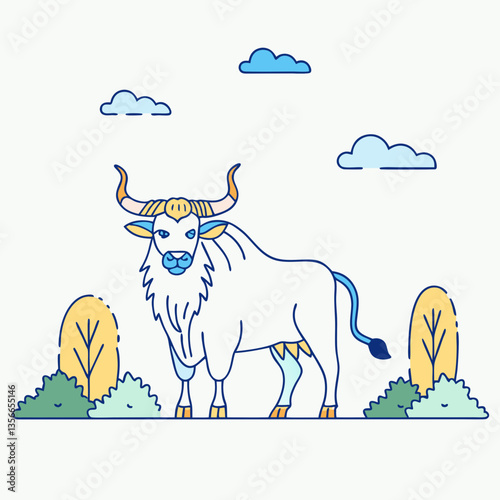 Majestic Bull Illustration: A stylized illustration of a powerful bull standing proudly in a scenic landscape.