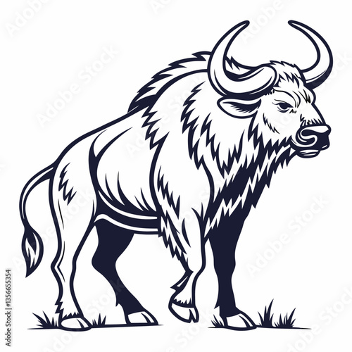 Majestic Silhouette of a Wildebeest: A bold illustration captures the raw power and elegance of a wildebeest, showcasing its impressive horns and muscular build in stark black and white.