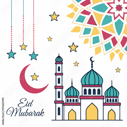 Eid Mubarak Celebration: A vibrant illustration depicts a mosque with ornate domes, complemented by a crescent moon, stars, and a decorative mandala, all conveying the joyous spirit of Eid.