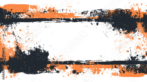 Abstract vector grunge frame with black and orange paint splatter borders on white background, creating a dynamic textured design element for Halloween or urban-themed projects.