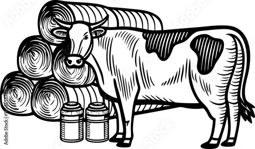 Cow with milk cans and hay bales illustration farm agriculture symbol, dairy production