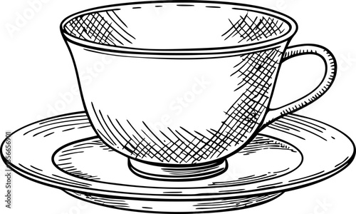 Elegant sketch of tea cup and saucer detailed line art illustration, vintage tableware