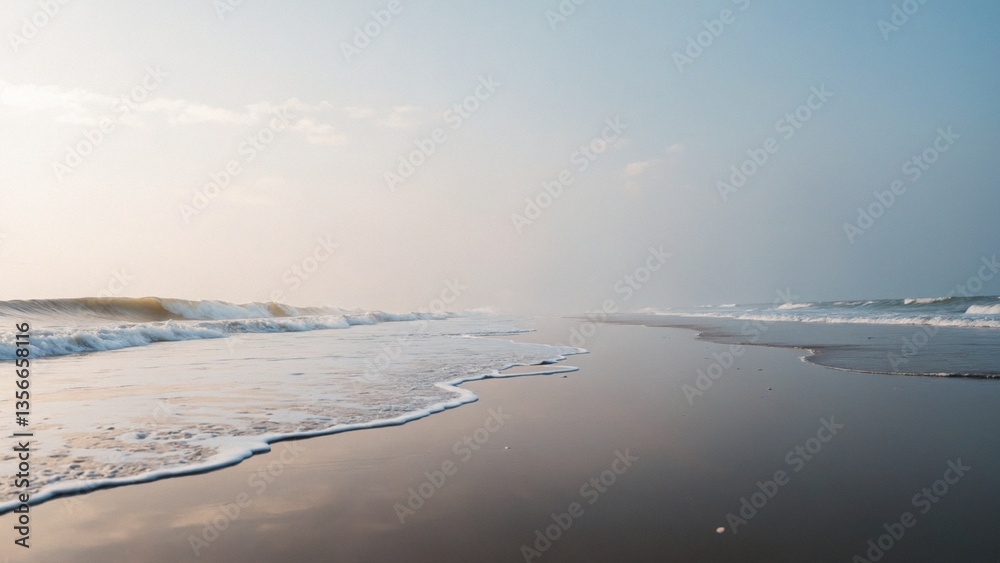 Obraz premium Serene beach scene with soft waves and misty horizon