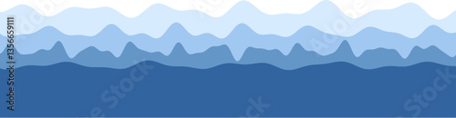 Abstract blue mountain landscape with layered peaks and wavy shapes in light to dark shades.