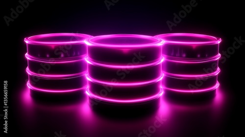 Neon Pink Cylinders with Glowing Edges on a Dark Background for Futuristic Design or Technology Concepts
