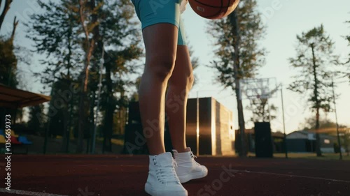 Basketball player girl picks up the ball and goes away